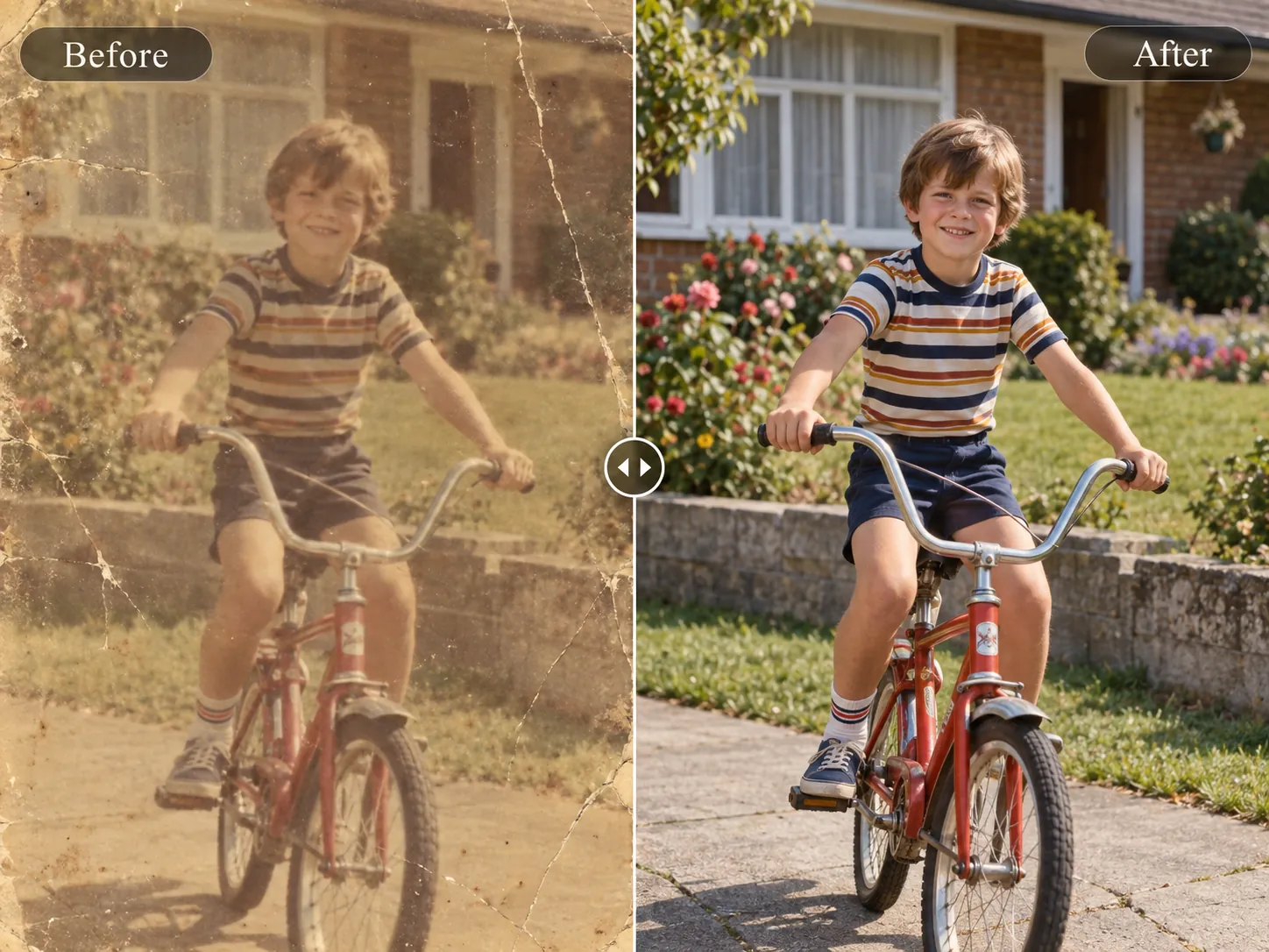 A washed-out photo of a boy on a red bike next to the restored version
